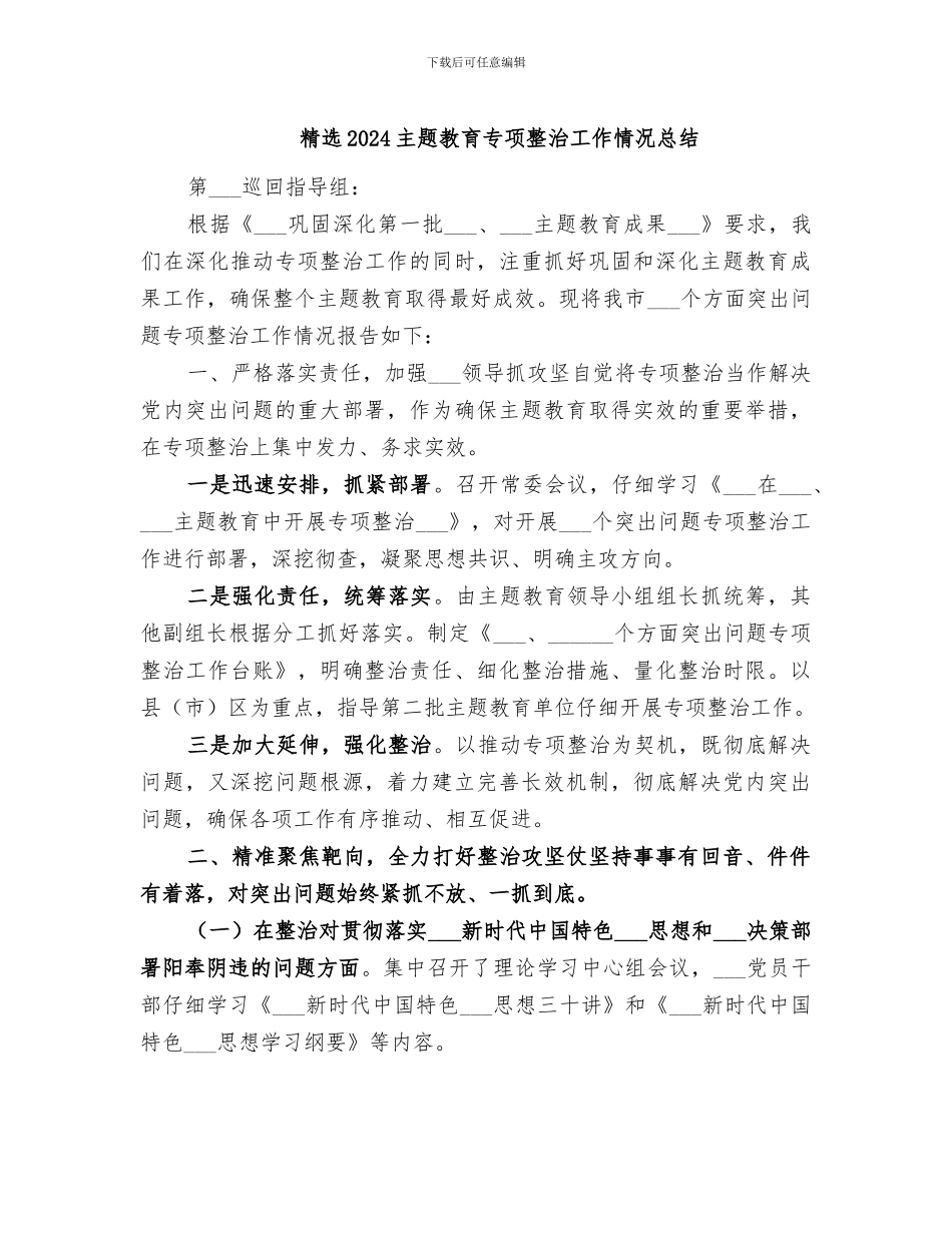 精选2024主题教育专项整治工作情况总结_第1页