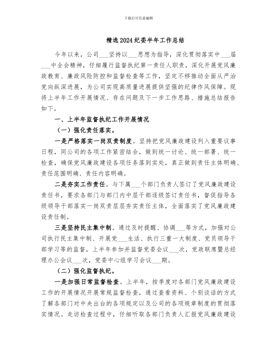 精选2024纪委半年工作总结_第1页