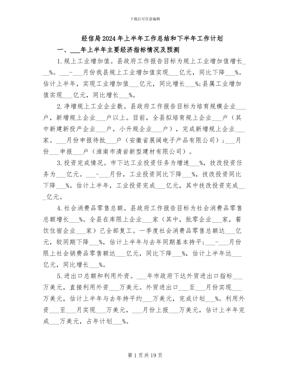 经信局2024年上半年工作总结和下半年工作计划_第1页