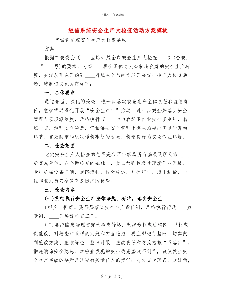 经信系统安全生产大检查活动方案模板_第1页