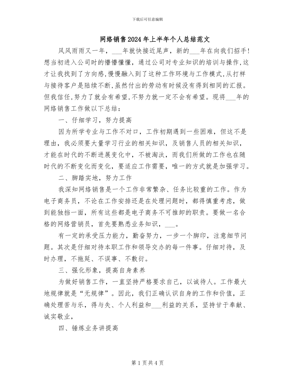 网络销售2024年上半年个人总结范文_第1页