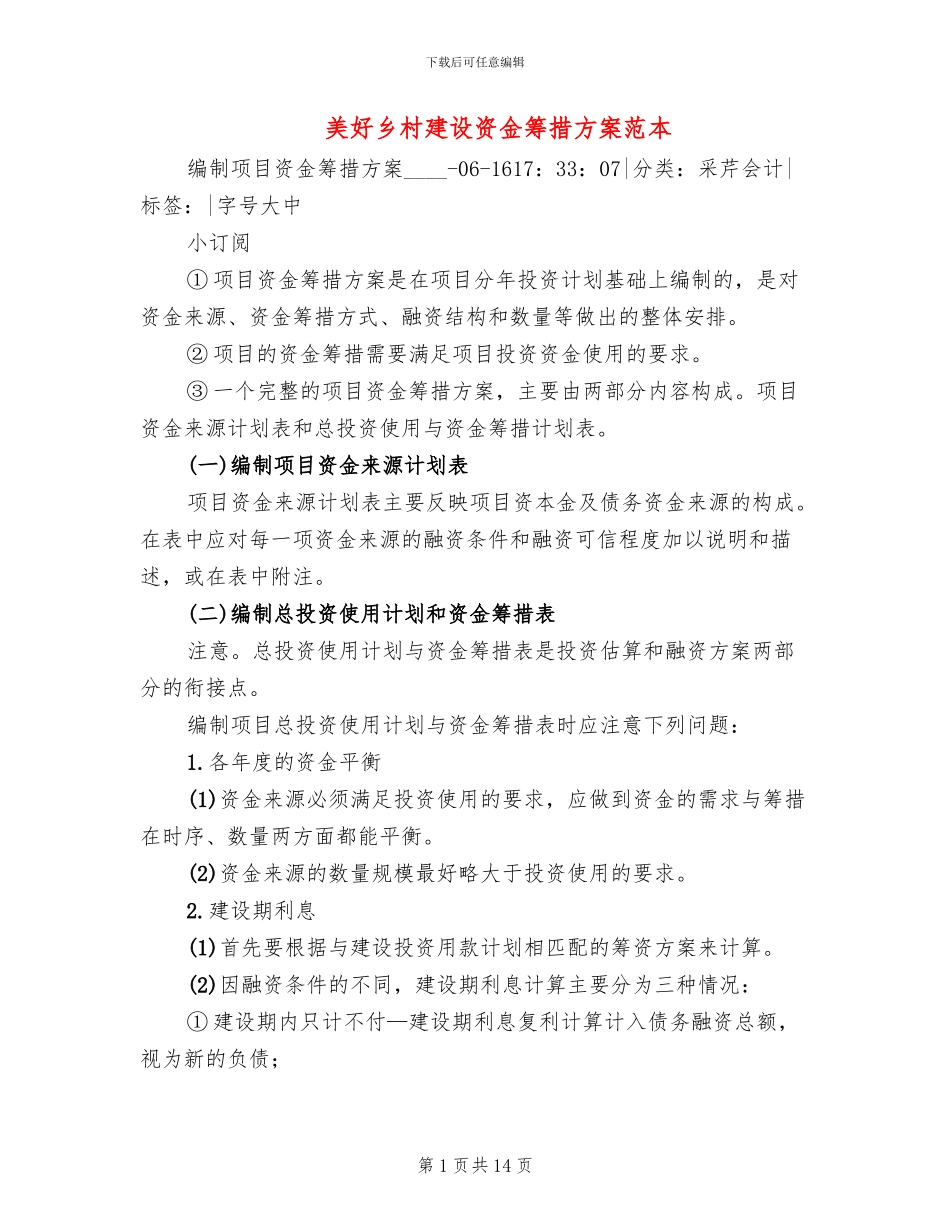 美好乡村建设资金筹措方案范本_第1页