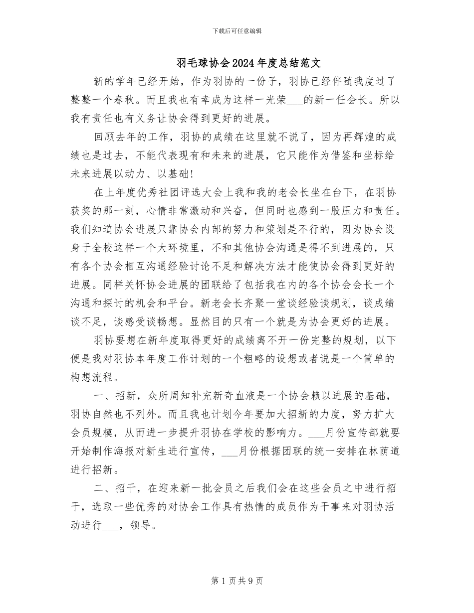 羽毛球协会2024年度总结范文_第1页