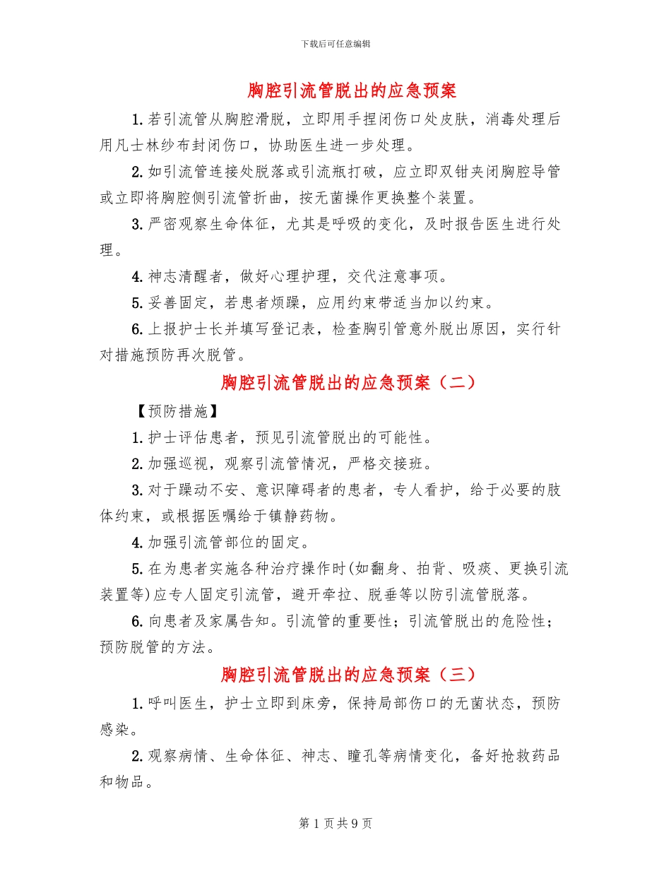 胸腔引流管脱出的应急预案_第1页