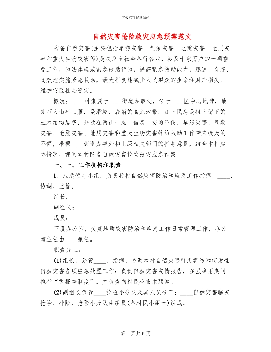 自然灾害抢险救灾应急预案范文_第1页