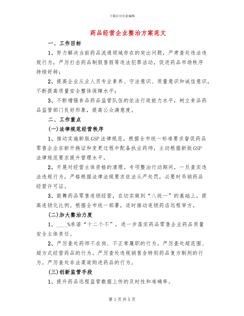 药品经营企业整治方案范文_第1页