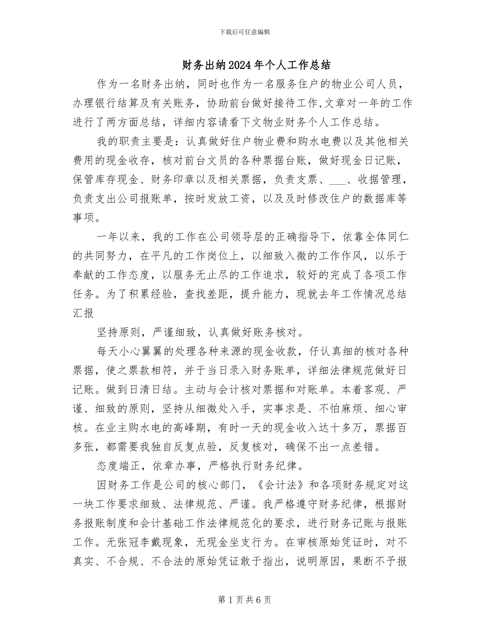 财务出纳2024年个人工作总结_第1页