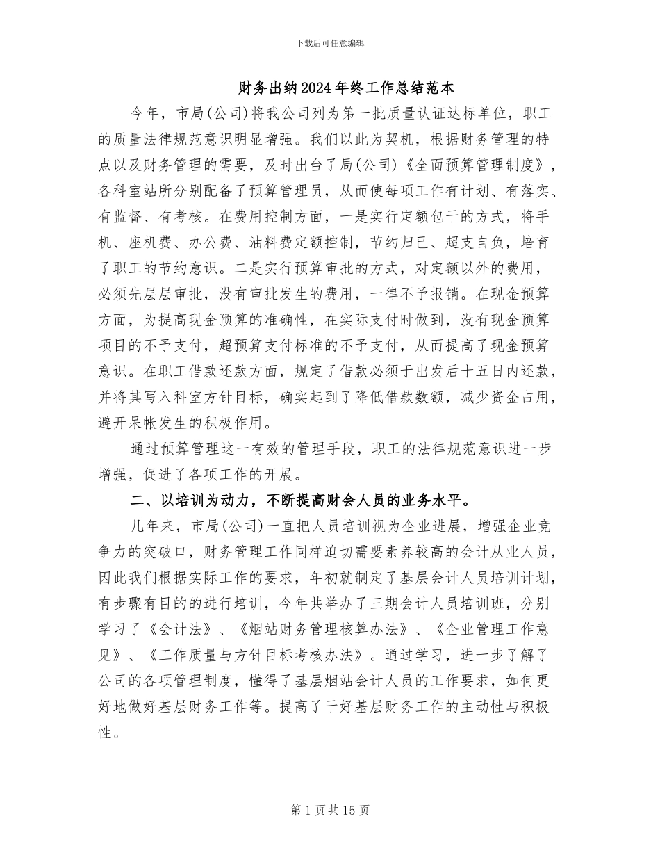 财务出纳2024年终工作总结范本_第1页
