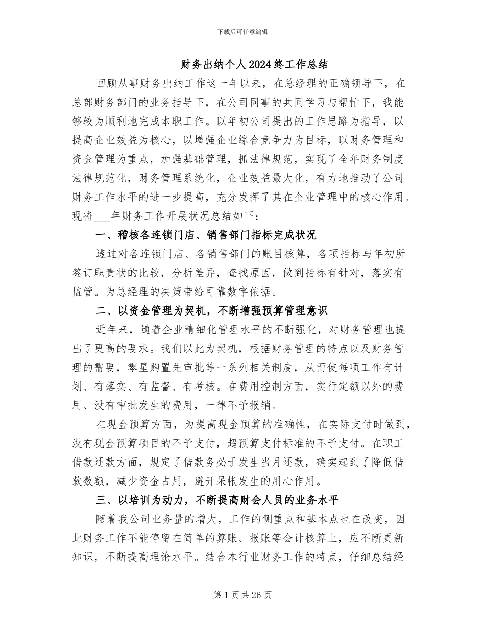 财务出纳个人2024终工作总结_第1页