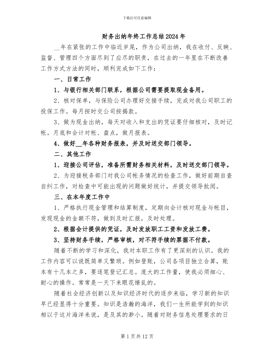财务出纳年终工作总结2024年_第1页