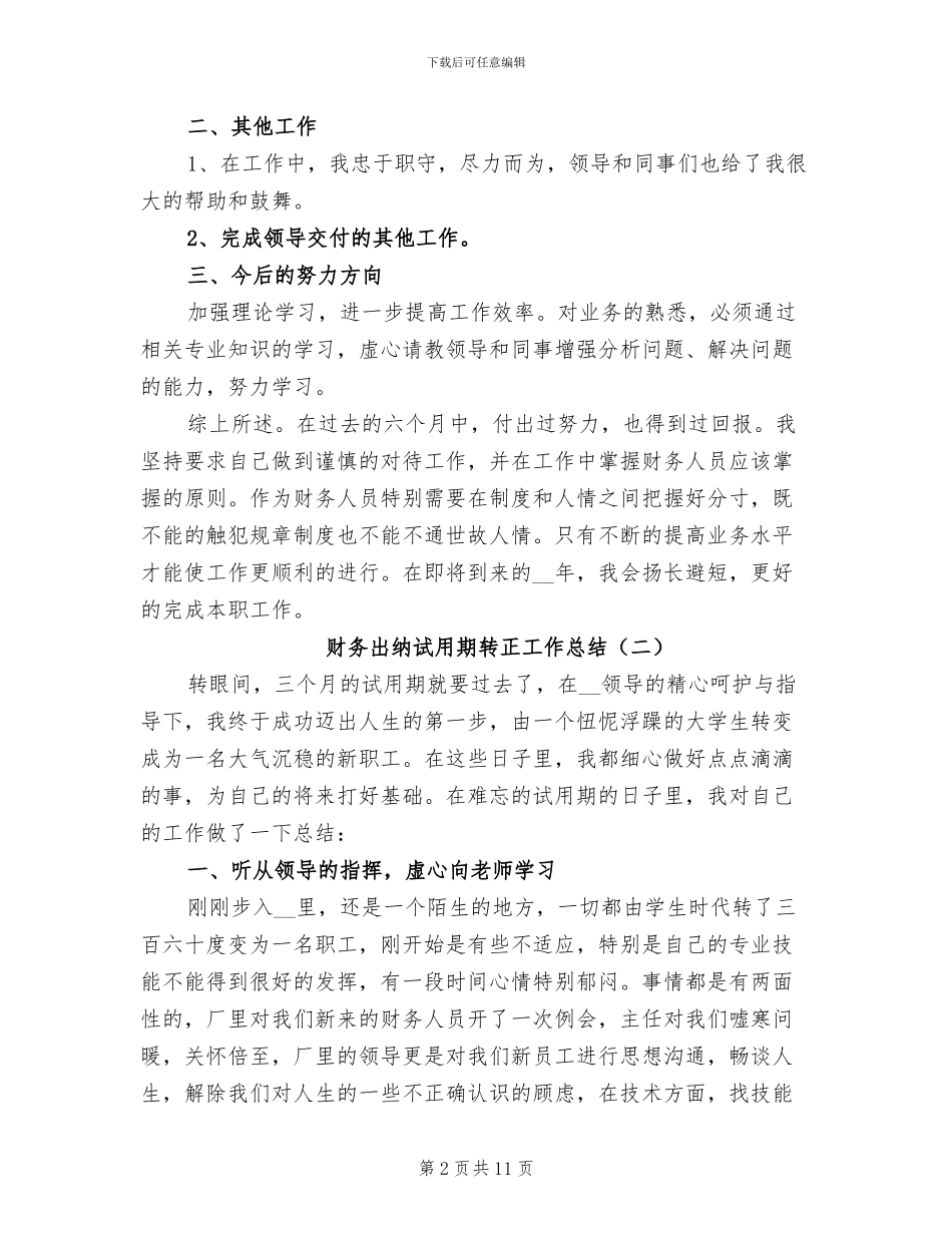 财务出纳试用期转正工作总结2024年_第2页