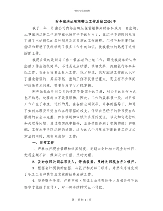 财务出纳试用期转正工作总结2024年