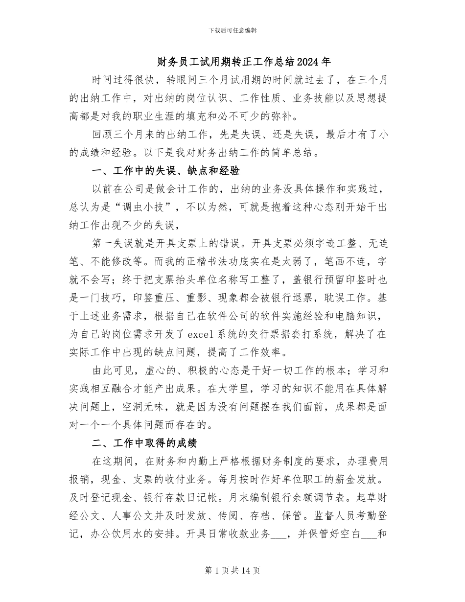 财务员工试用期转正工作总结2024年_第1页