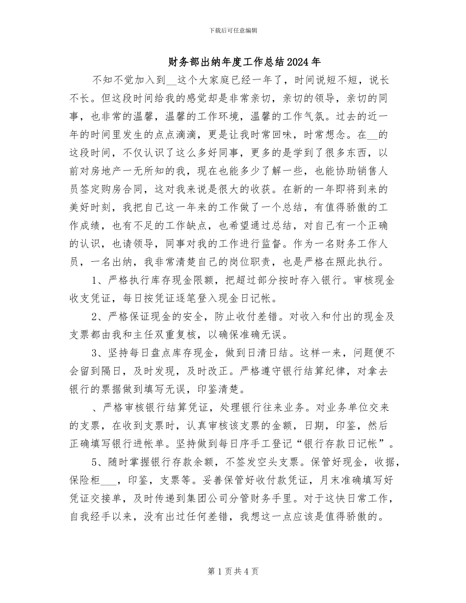 财务部出纳年度工作总结2024年_第1页