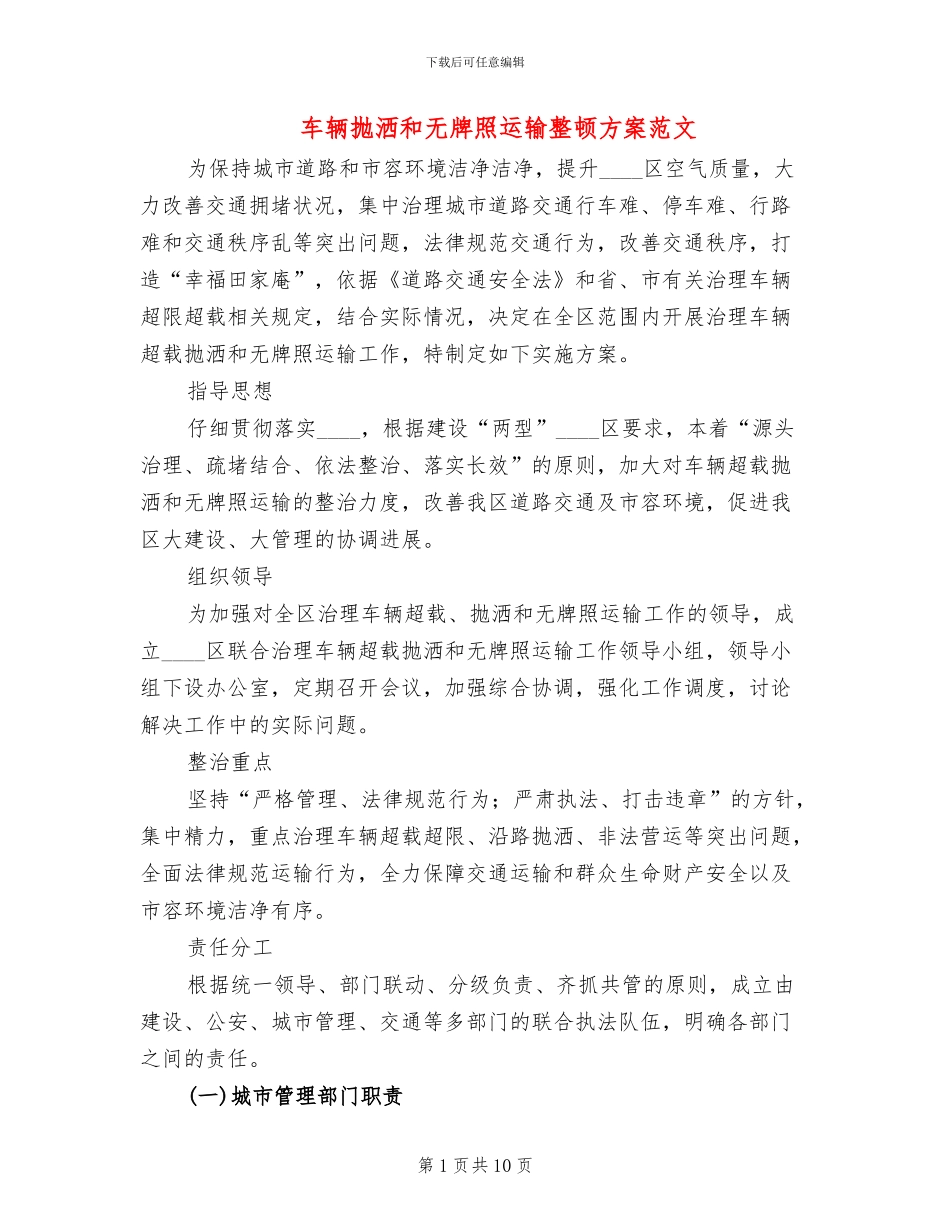 车辆抛洒和无牌照运输整顿方案范文_第1页