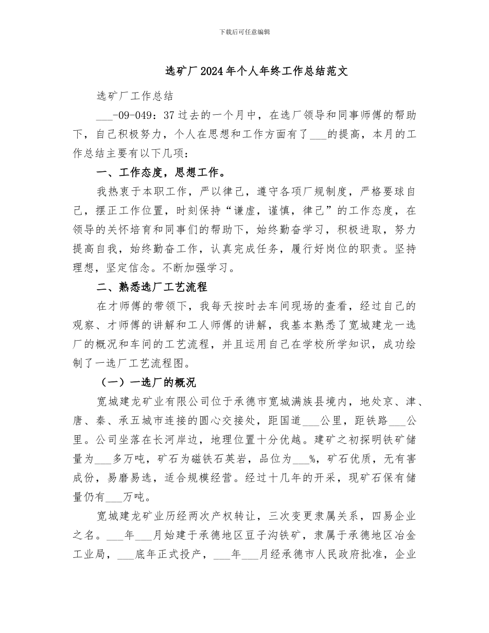 选矿厂2024年个人年终工作总结范文_第1页