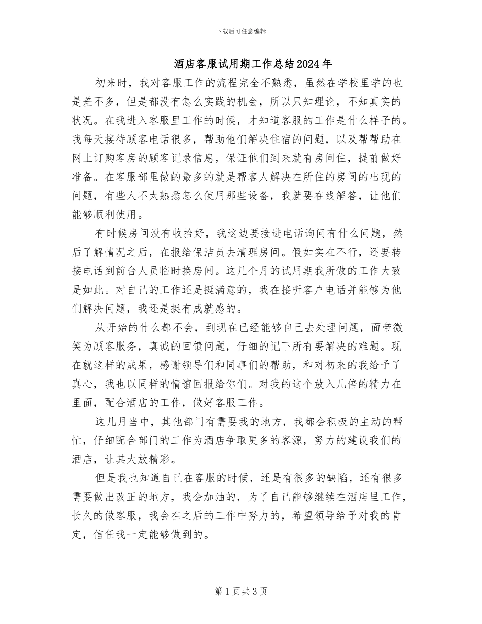 酒店客服试用期工作总结2024年_第1页
