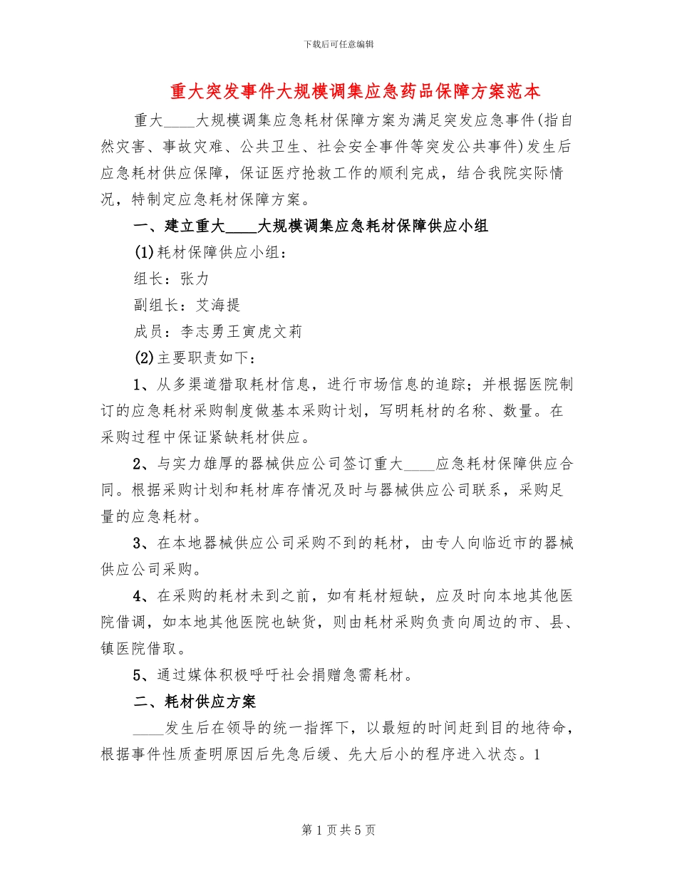 重大突发事件大规模调集应急药品保障方案范本_第1页