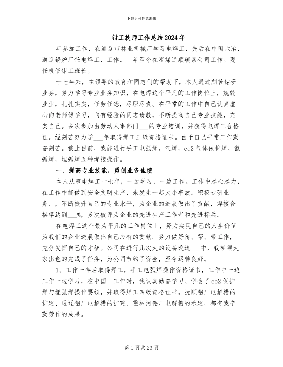 钳工技师工作总结2024年_第1页
