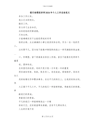 银行助理经济师2024年个人工作总结范文