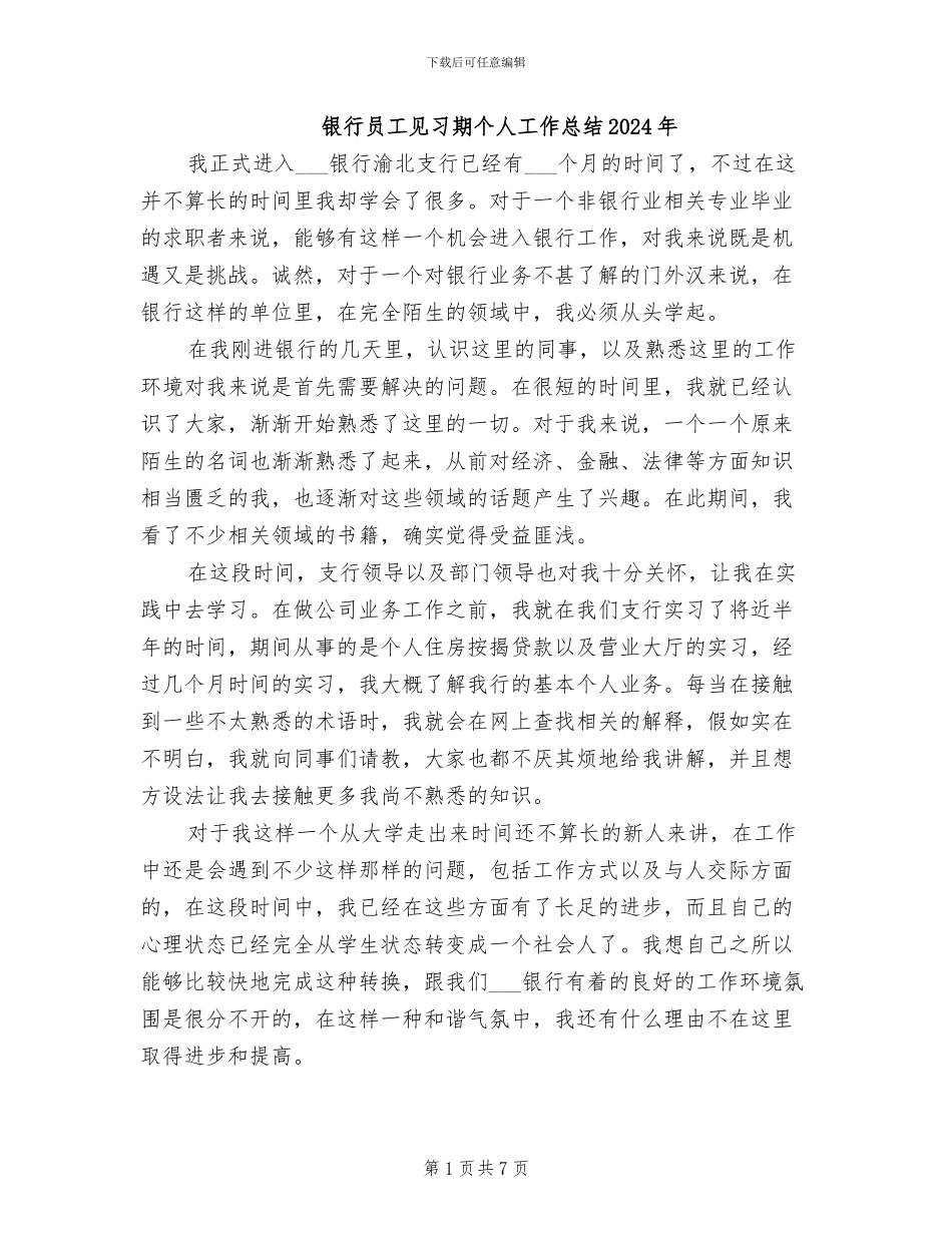 银行员工见习期个人工作总结2024年_第1页