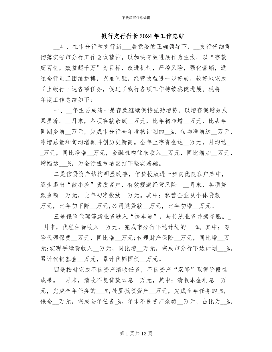 银行支行行长2024年工作总结_第1页