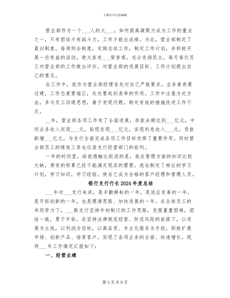 银行支行行长2024年度工作总结范文_第3页