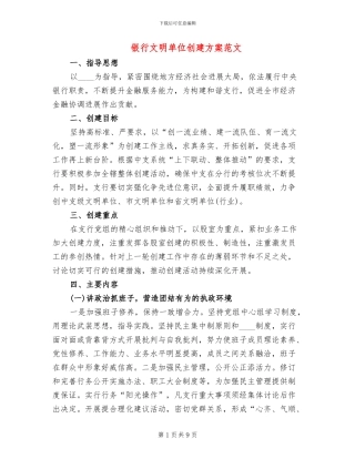 银行文明单位创建方案范文