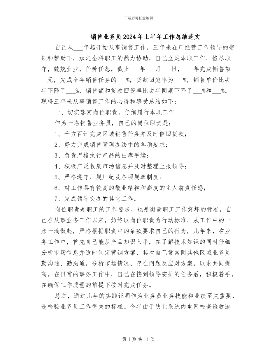 销售业务员2024年上半年工作总结范文_第1页