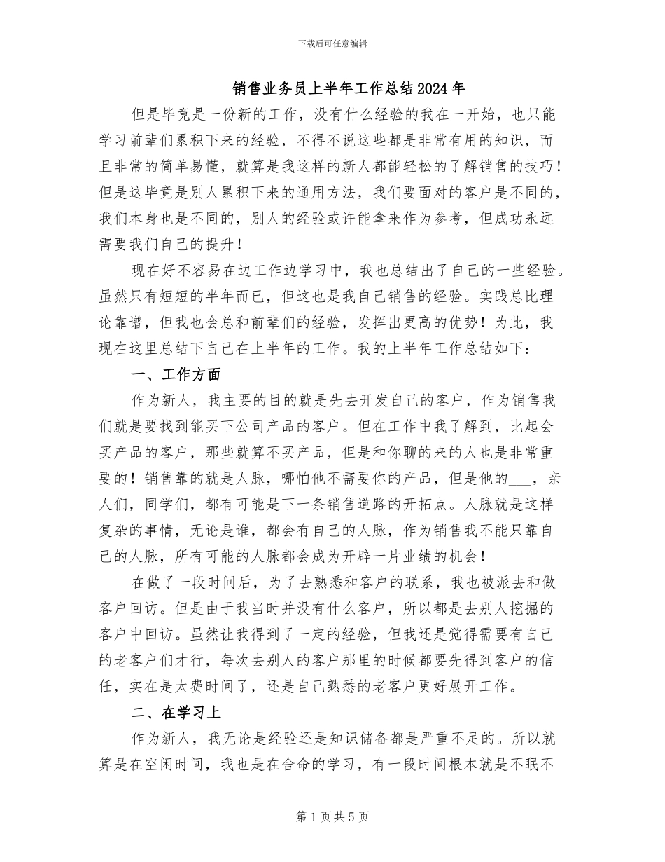 销售业务员上半年工作总结2024年_第1页