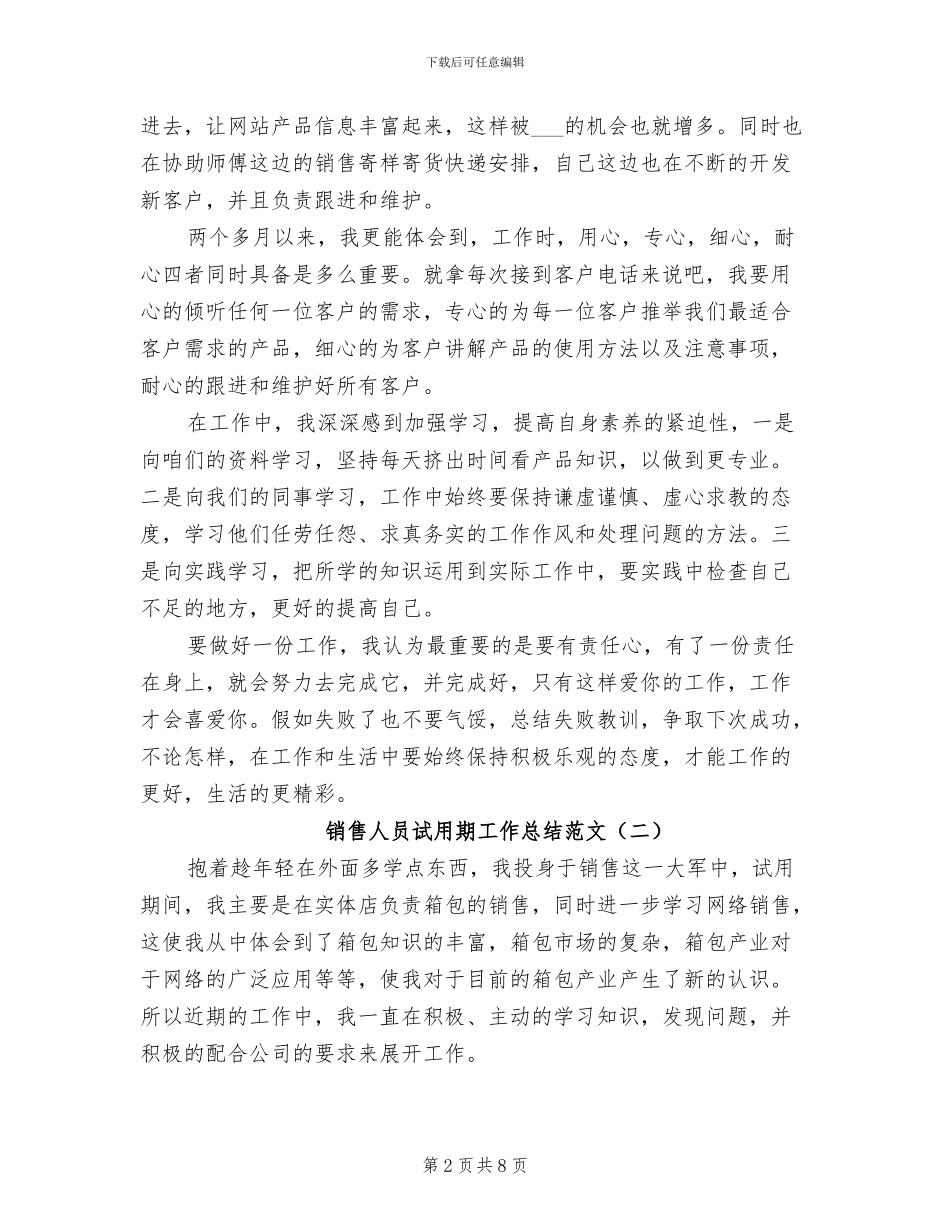 销售人员试用期工作总结范文2024年_第2页