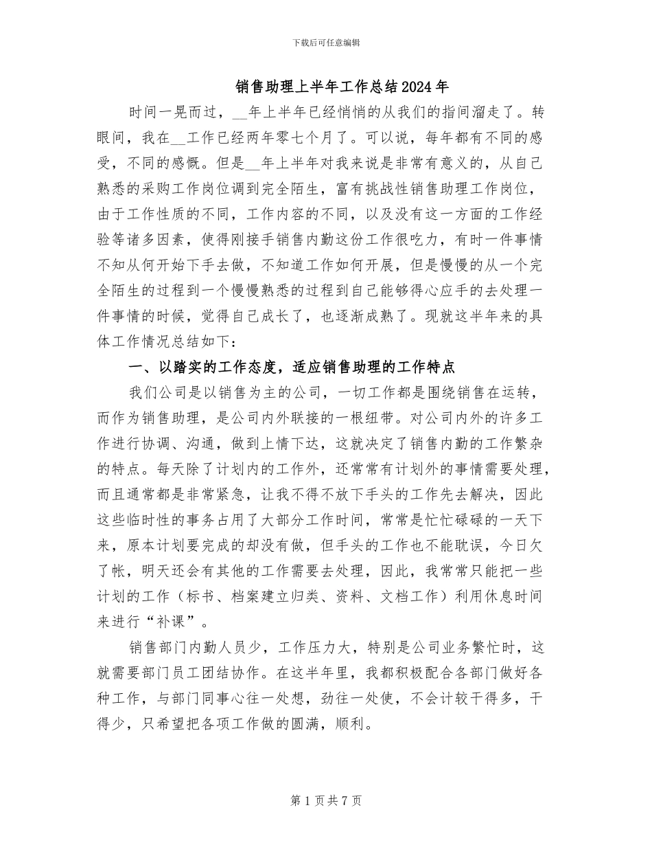 销售助理上半年工作总结2024年_第1页
