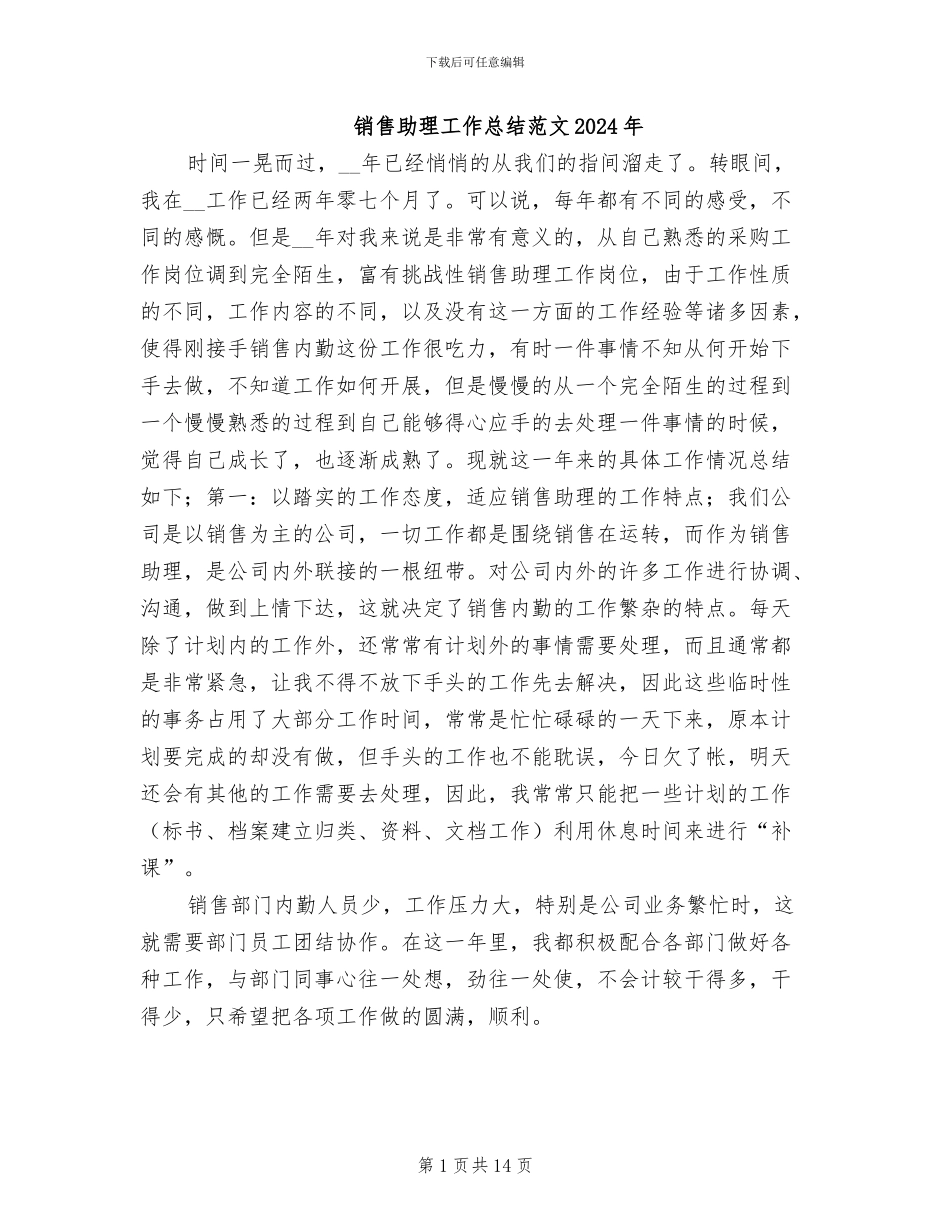 销售助理工作总结范文2024年_第1页