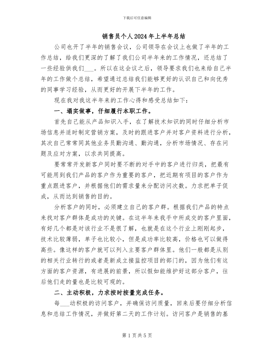 销售员个人2024年上半年总结_第1页
