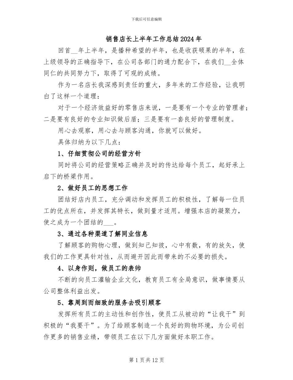 销售店长上半年工作总结2024年_第1页