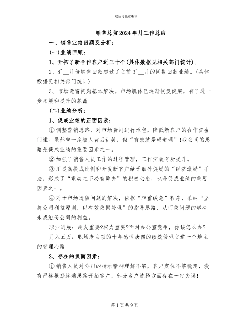 销售总监2024年月工作总结_第1页