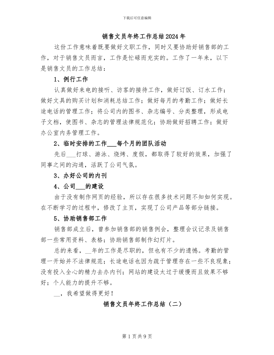 销售文员年终工作总结2024年_第1页
