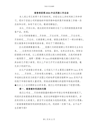 销售部经理2024年试用期工作总结