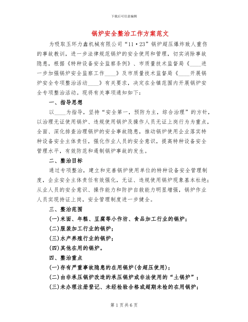 锅炉安全整治工作方案范文_第1页