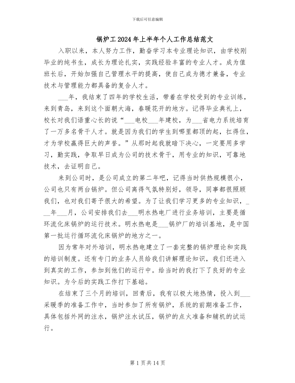 锅炉工2024年上半年个人工作总结范文_第1页