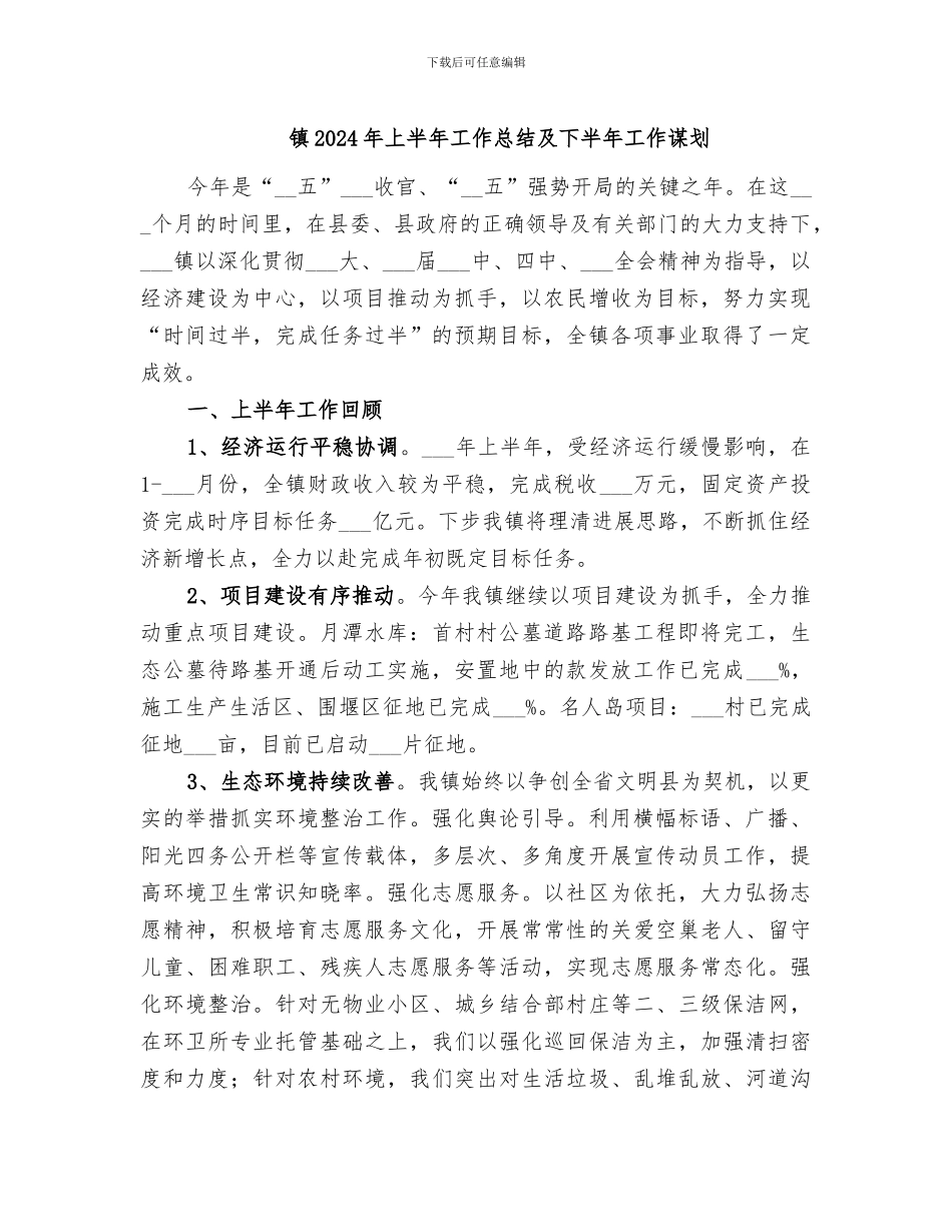 镇2024年上半年工作总结及下半年工作谋划_第1页