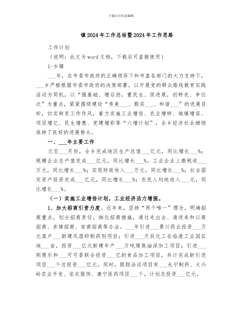 镇2024年工作总结暨2024年工作思路_第1页