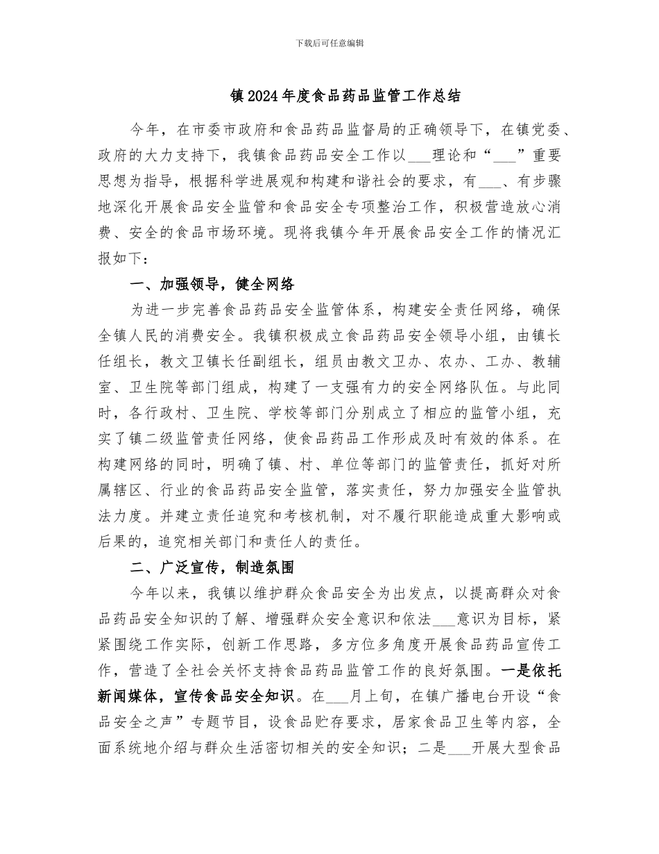 镇2024年度食品药品监管工作总结_第1页