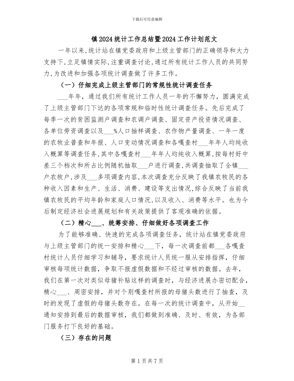 镇2024统计工作总结暨2024工作计划范文_第1页