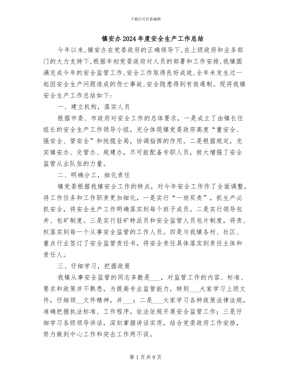 镇安办2024年度安全生产工作总结_第1页