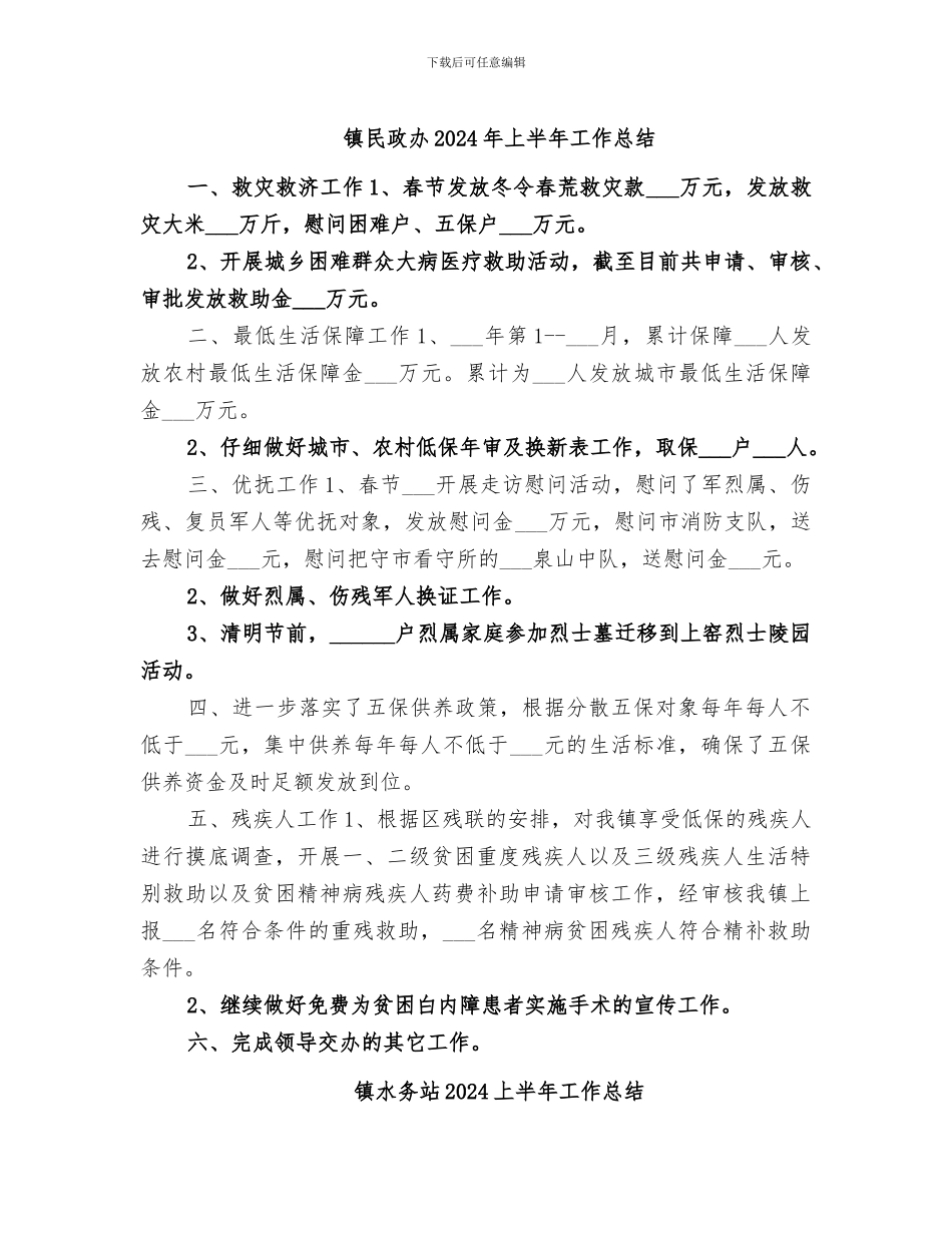 镇民政办2024年上半年工作总结_第1页