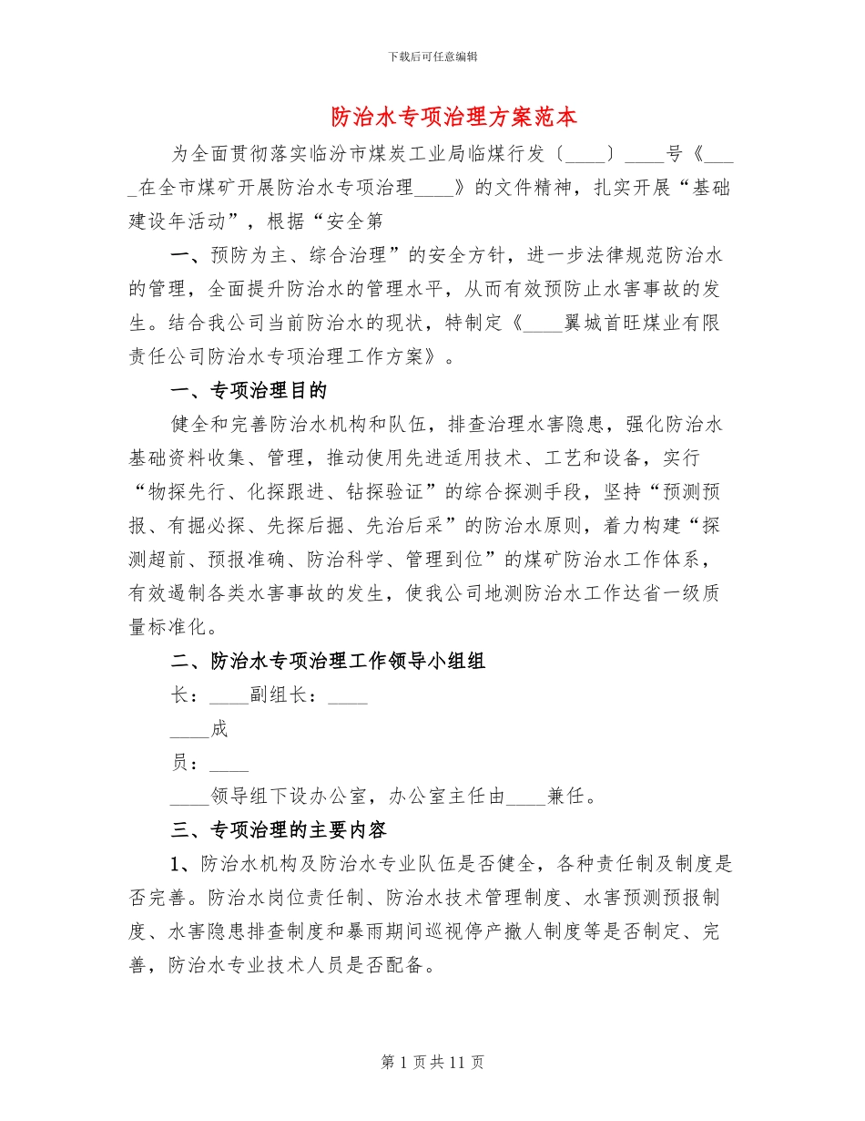 防治水专项治理方案范本_第1页