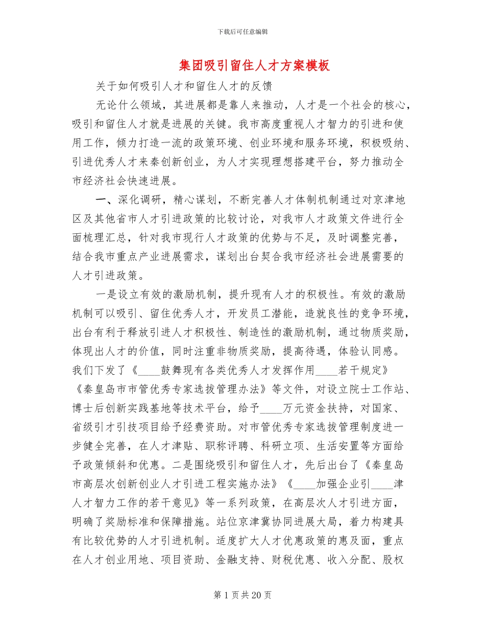 集团吸引留住人才方案模板_第1页