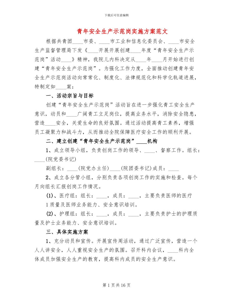 青年安全生产示范岗实施方案范文(5篇)_第1页