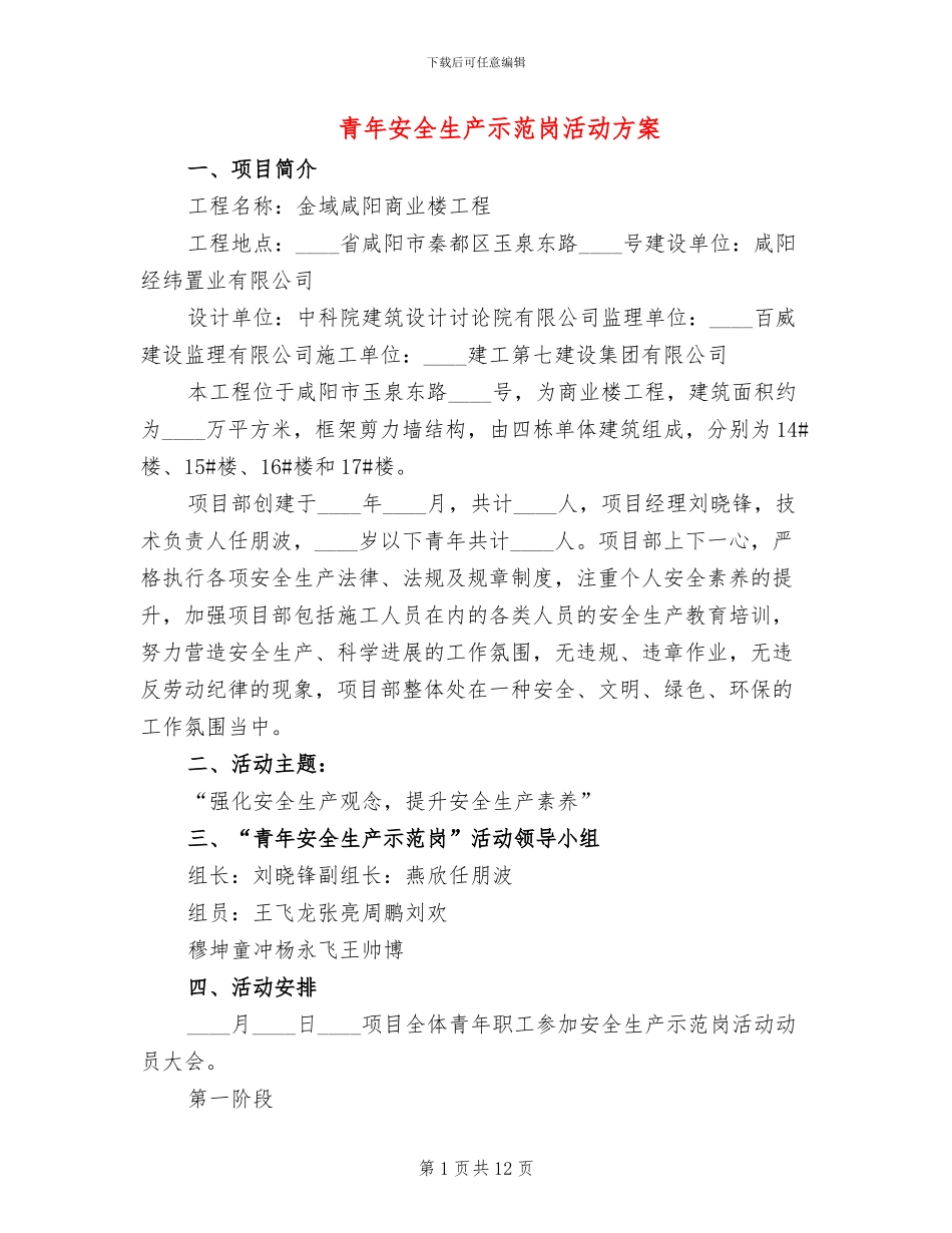 青年安全生产示范岗活动方案(6篇)_第1页